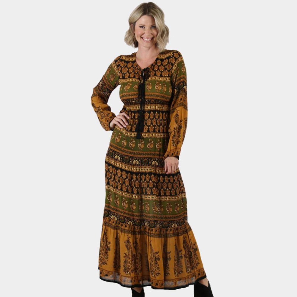 Nostalgia Printed Long Sleeve Maxi Dress NWT • Boho • Elastic Cuffs Gold Black - Picture 2 of 3